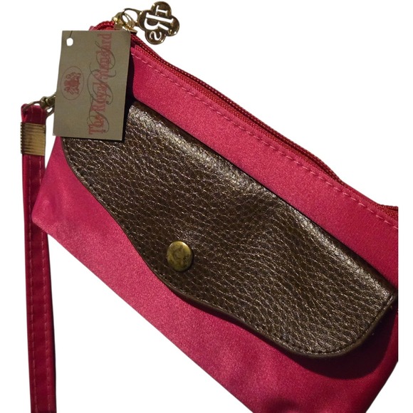 The Royal Standard Pink Nylon Brown Leather Trim Wristlet 7 x 4 Gold Hardware - Picture 1 of 8